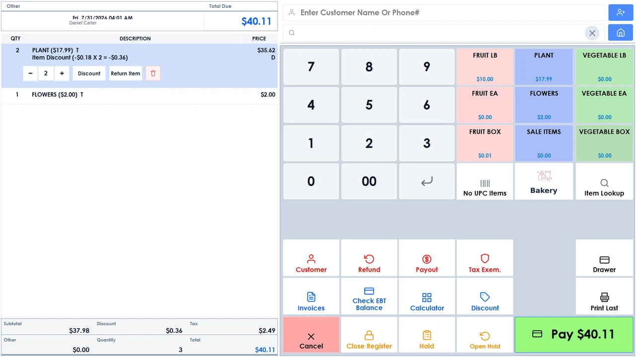 The Branch Commerce grocery POS sales screen mid-checkout, with the item grid, cart and payment keypad.