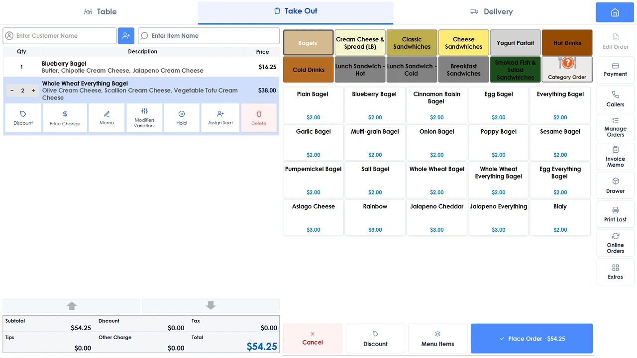 The Branch Eats restaurant POS sales screen building a takeout order, with the menu grid and running total